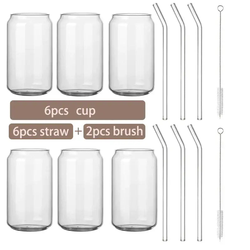 Set of six clear glass cups with reusable curved glass straws and cleaning brushes for modern kitchen use decorbites glass cup