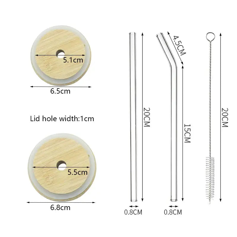Set of clear glass cups with bamboo lids and a metal brush for cleaning by decorbites glass cup collection