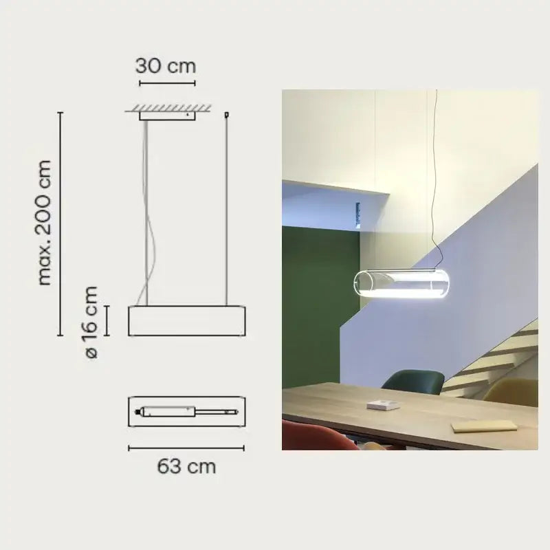 Modern clear glass cylinder pendant light with a sleek metallic frame and warm led for dining room use