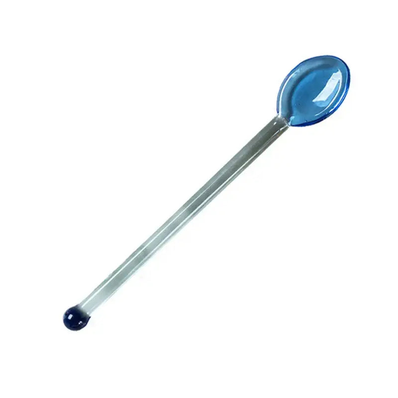 A translucent blue glass dessert cup stirrer with clear stem and dark blue tip for modern dessert cup set