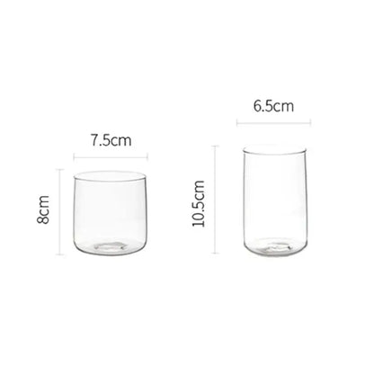 Modern clear glass drinkware cup set with two transparent tumblers of different sizes for kitchen use