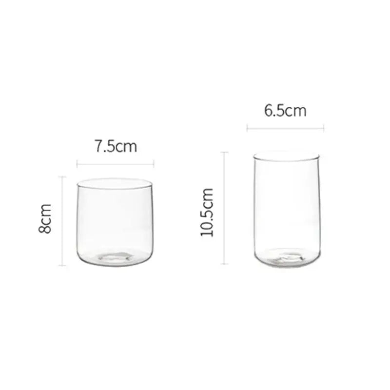 Modern clear glass drinkware cup set with two transparent tumblers of different sizes for kitchen use