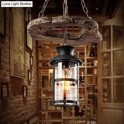 Modern Clear Glass Drop Pendant Light with Wood Circle Accents - Black Finish