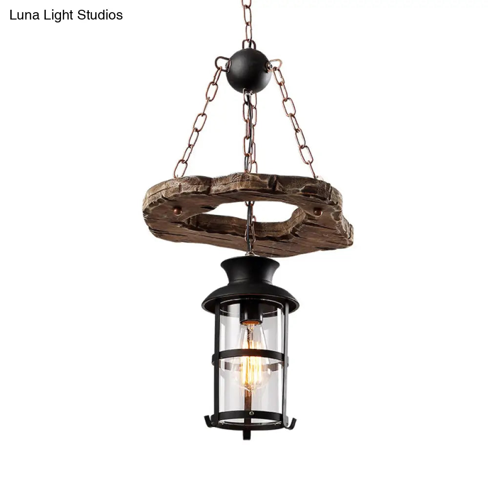 Modern Clear Glass Drop Pendant Light with Wood Circle Accents - Black Finish