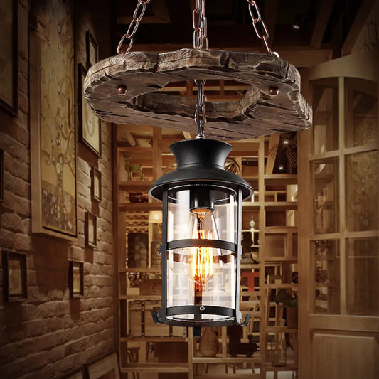 Modern Clear Glass Drop Pendant Light with Wood Circle Accents - Black Finish