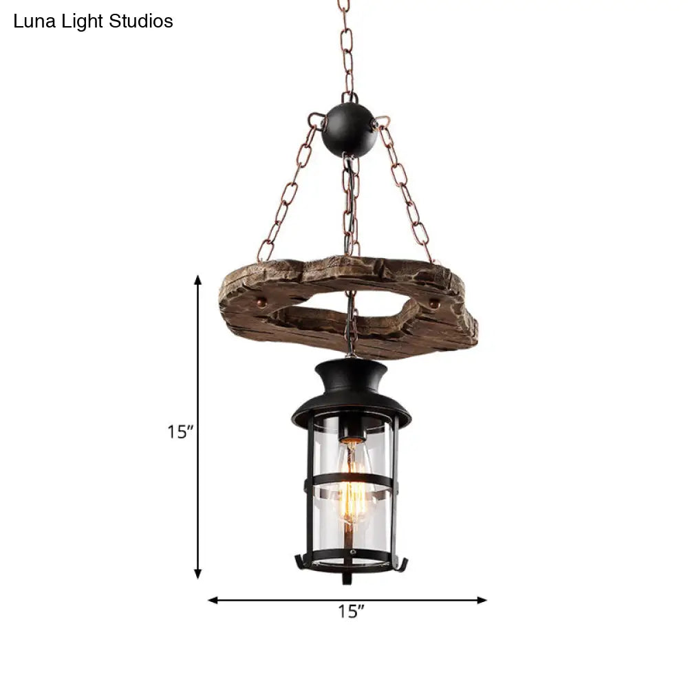 Modern Clear Glass Drop Pendant Light with Wood Circle Accents - Black Finish