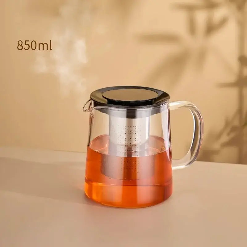 850ml clear borosilicate glass flower teapot with black lid and stainless steel infuser for kitchen tea set