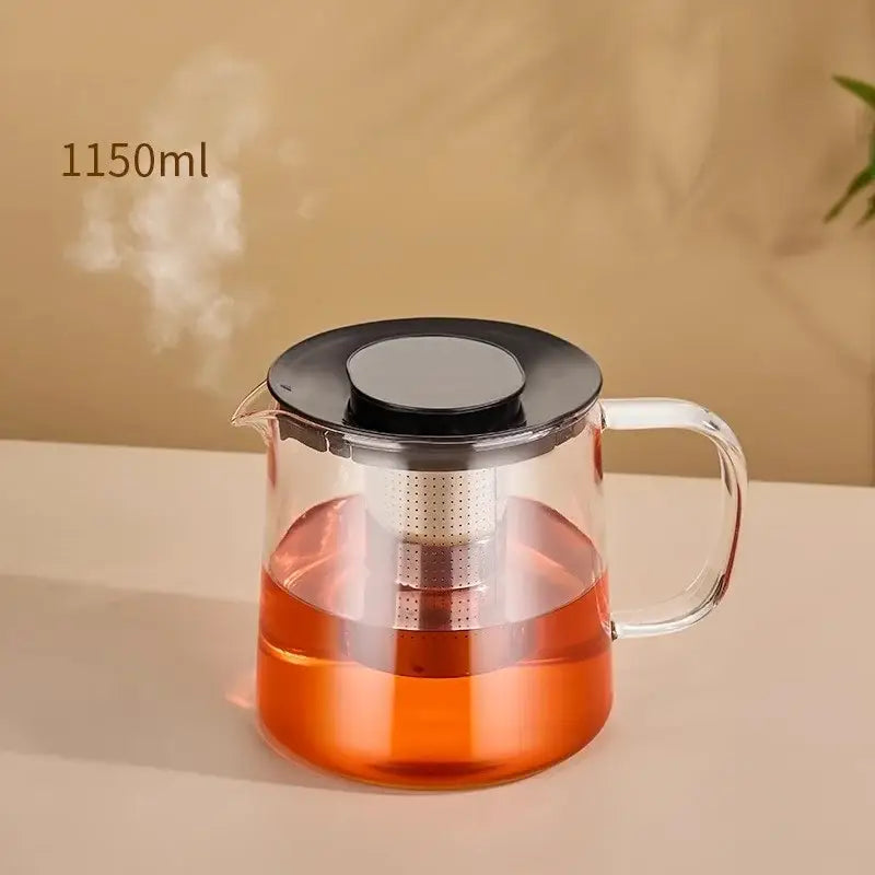 Modern clear glass flower teapot with black lid and handle borosilicate glass and internal metal infuser for steeping tea