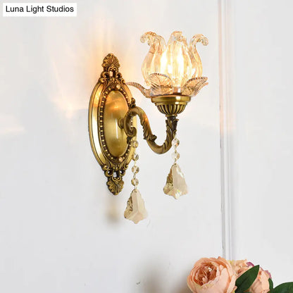 DecorBites™ DecorBites™ Modern Clear Glass Flower Wall Sconce Light with Crystal Drop - 1/2 Heads Brass Mounted Light