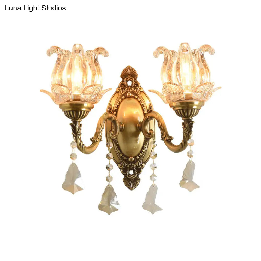 DecorBites™ DecorBites™ Modern Clear Glass Flower Wall Sconce Light with Crystal Drop - 1/2 Heads Brass Mounted Light