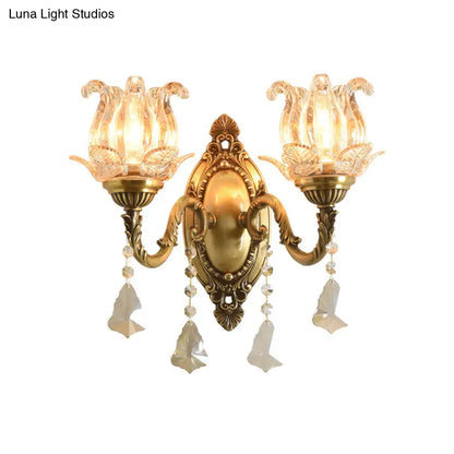 DecorBites™ DecorBites™ Modern Clear Glass Flower Wall Sconce Light with Crystal Drop - 1/2 Heads Brass Mounted Light