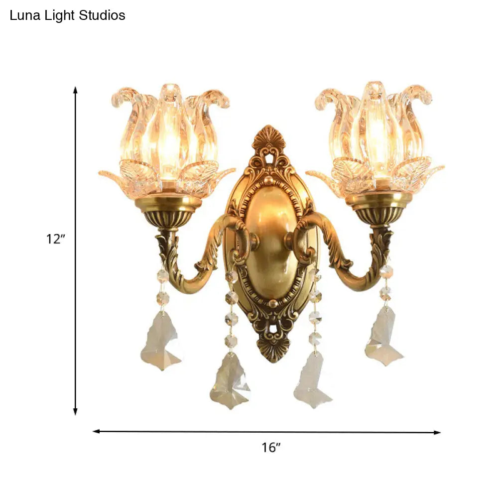DecorBites™ DecorBites™ Modern Clear Glass Flower Wall Sconce Light with Crystal Drop - 1/2 Heads Brass Mounted Light
