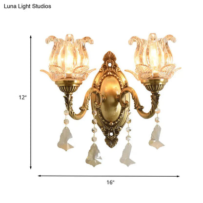 DecorBites™ DecorBites™ Modern Clear Glass Flower Wall Sconce Light with Crystal Drop - 1/2 Heads Brass Mounted Light