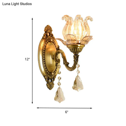 DecorBites™ DecorBites™ Modern Clear Glass Flower Wall Sconce Light with Crystal Drop - 1/2 Heads Brass Mounted Light