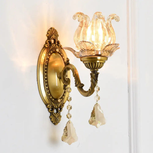DecorBites™ DecorBites™ Modern Clear Glass Flower Wall Sconce Light with Crystal Drop - 1/2 Heads Brass Mounted Light