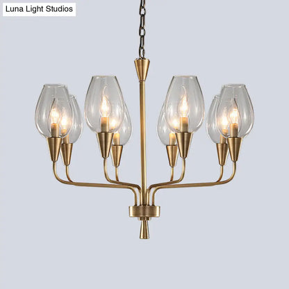 Lámpara de araña colgante moderna de cristal transparente con 8 luces, acabado en latón y brazo curvo