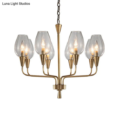 Lámpara de araña colgante moderna de cristal transparente con 8 luces, acabado en latón y brazo curvo