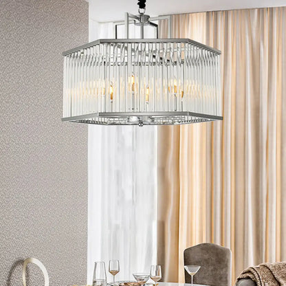 Lámpara colgante hexagonal moderna de cristal transparente - 6 luces, cromada