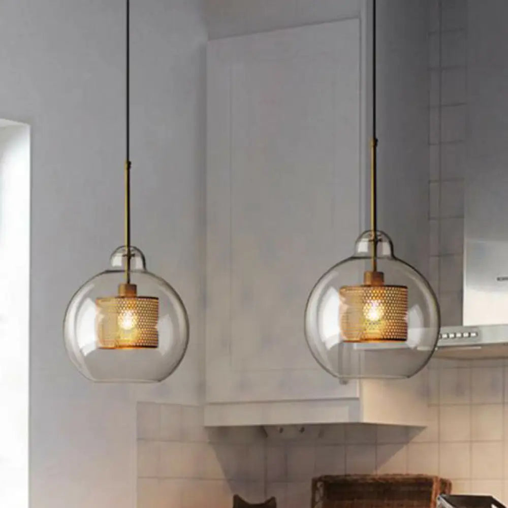 Modern Clear Glass Pendant Light with Brass Finish - Geometric Design & Mesh Inside