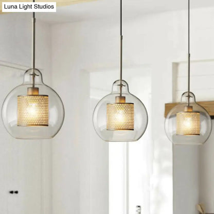 Modern Clear Glass Pendant Light with Brass Finish - Geometric Design & Mesh Inside