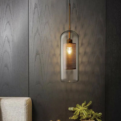 Modern Clear Glass Pendant Light with Brass Finish - Geometric Design & Mesh Inside