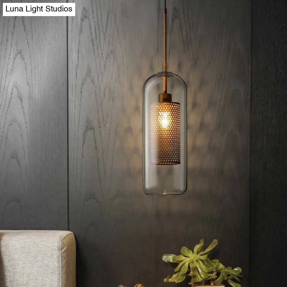 Modern Clear Glass Pendant Light with Brass Finish - Geometric Design & Mesh Inside