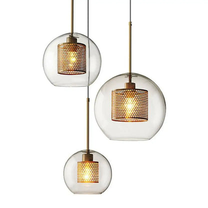 Modern Clear Glass Pendant Light with Brass Finish - Geometric Design & Mesh Inside