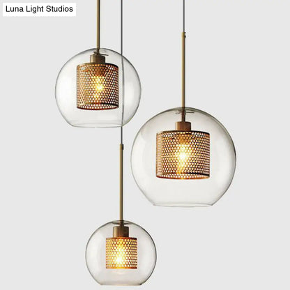 Modern Clear Glass Pendant Light with Brass Finish - Geometric Design & Mesh Inside