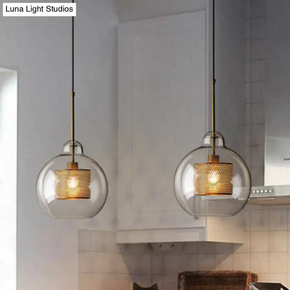 Modern Clear Glass Pendant Light with Brass Finish - Geometric Design & Mesh Inside