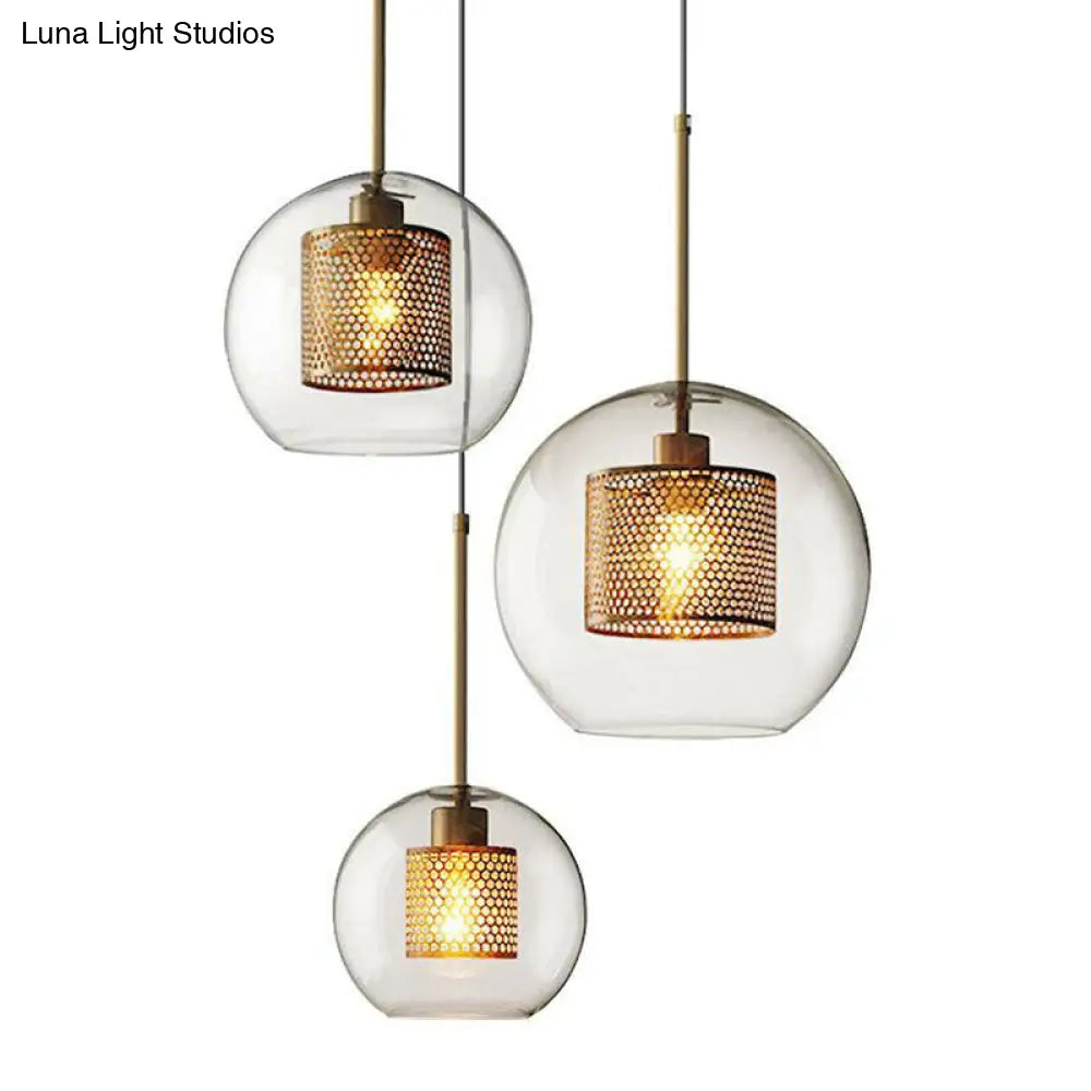 Modern Clear Glass Pendant Light with Brass Finish - Geometric Design & Mesh Inside