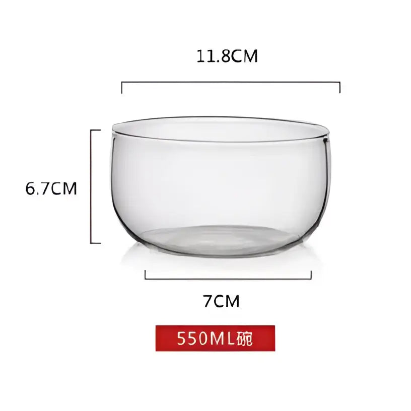Modern clear glass salad bowl set featuring a 550ml transparent glass salad bowl with 11.8cm width and 6.7cm height