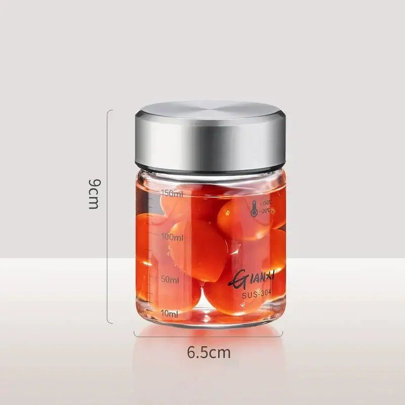 Modern clear glass sealed jug with stainless steel lid containing red cherry tomatoes in water labeled gianxi sus-304