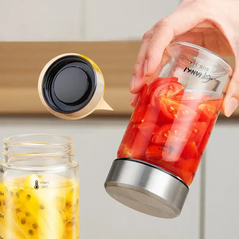 Modern clear glass sealed jug with stainless steel lid and black rubber seal filled with sliced tomatoes