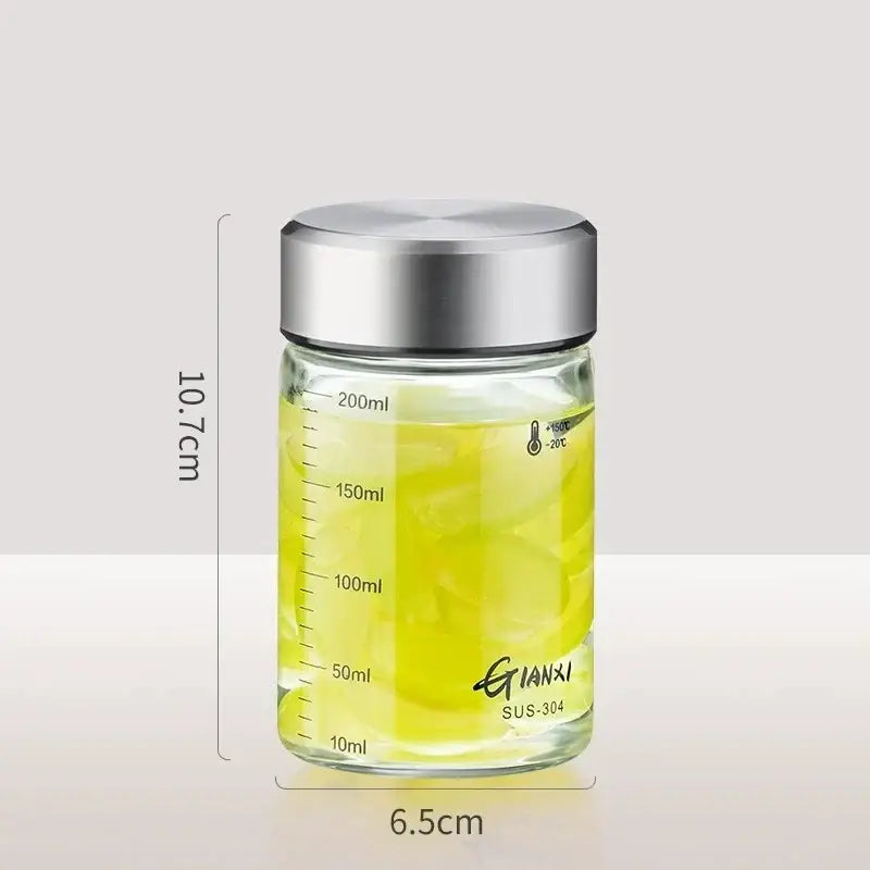 Modern clear glass sealed jug kitchen storage jar with stainless lid marked in milliliters and temperature indicators