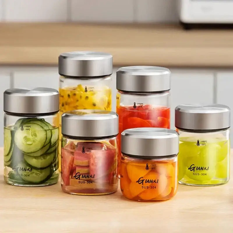 Modern clear glass sealed jug kitchen storage jars with stainless steel lids labeled gianxi sus-304 filled with sliced vegetables