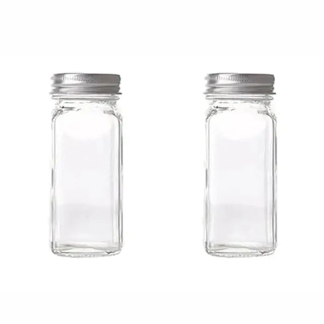 Modern clear glass seasoning jar set with rectangular glass seasoning jars and silver metal screw-on lids for kitchen use
