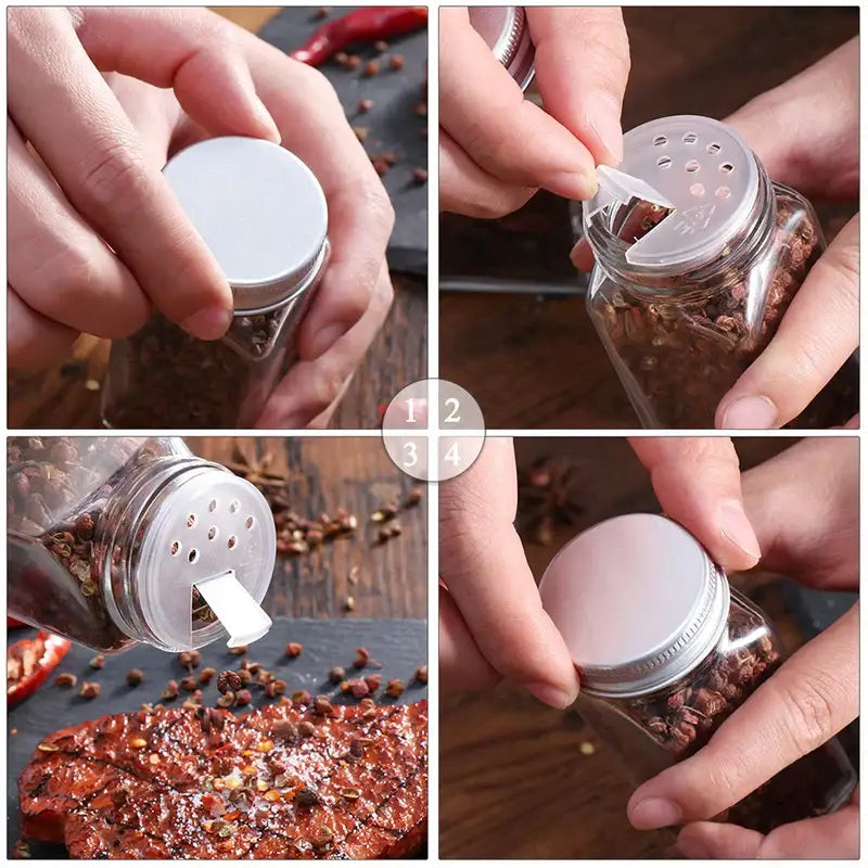 Modern clear glass seasoning jar with silver metal lid and white perforated top for kitchen use in seasoning jar set