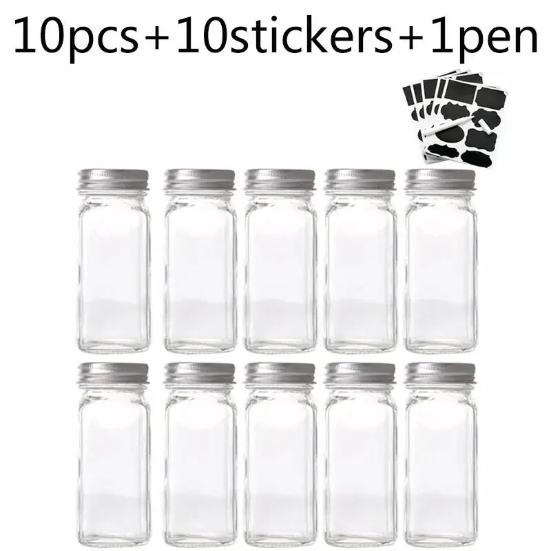 Modern clear glass seasoning jar set with ten clear glass seasoning jars with silver metal lids arranged in two rows