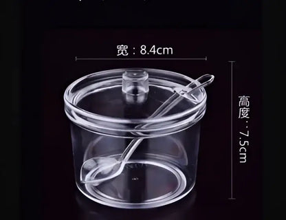 Modern clear glass seasoning spice jar with integrated spoon clear plastic shaker measuring 8.4cm by 7.5cm