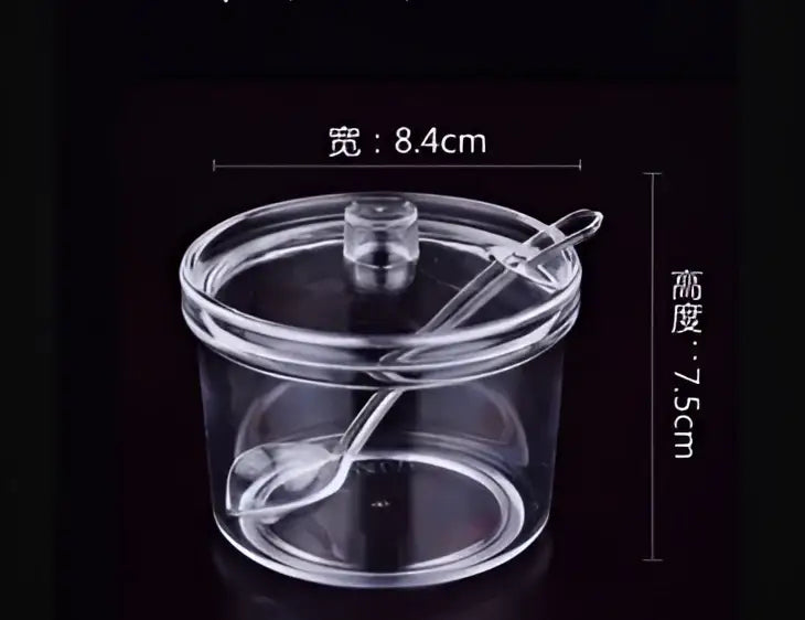 Modern clear glass seasoning spice jar with integrated spoon clear plastic shaker measuring 8.4cm by 7.5cm