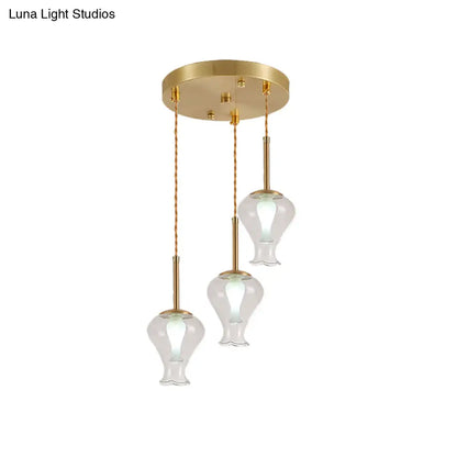 Lámpara colgante de techo moderna con jarrón de cristal transparente y detalles de latón - 3 luces para comedor