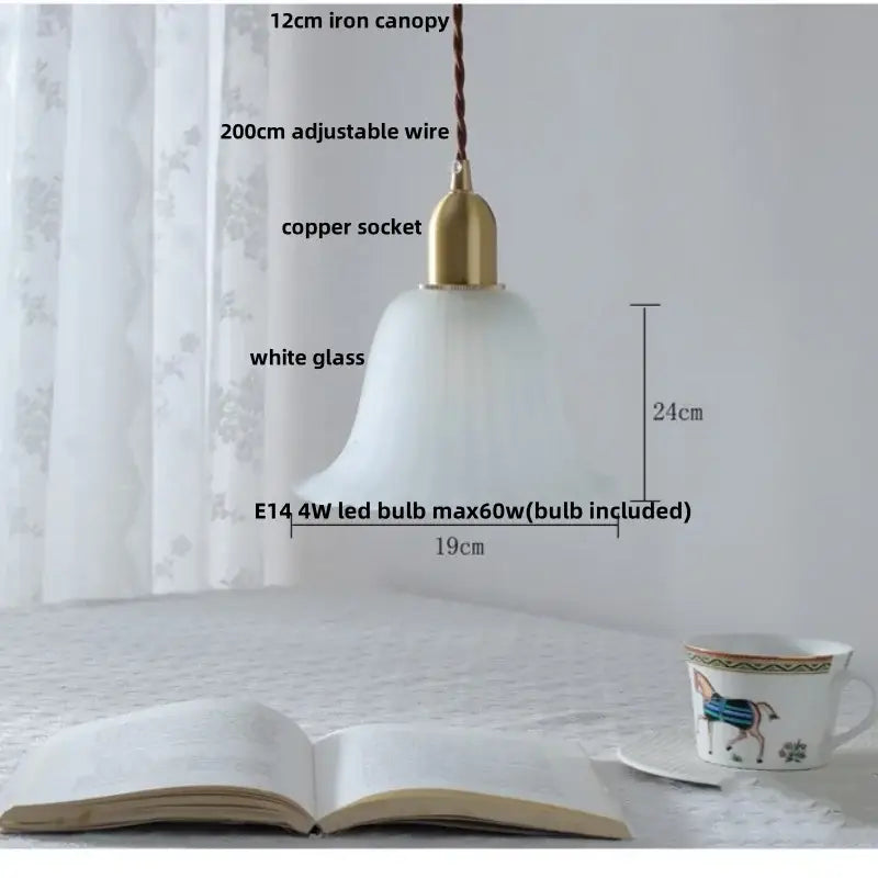 Modern white glass led pendant lamp with brass-finished copper socket and 12cm iron canopy for kitchen lighting