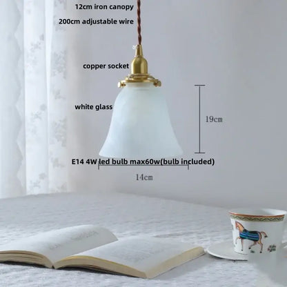 A vintage-style pendant lamp with white frosted glass shade brass copper socket and iron canopy as a glass led pendant lamp