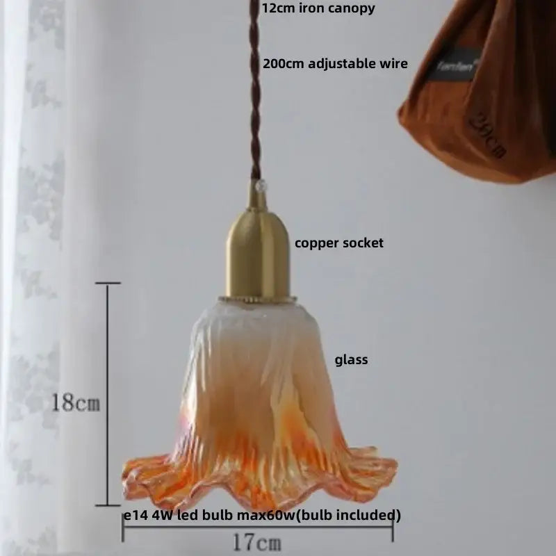 Modern amber-orange glass led pendant lamp with copper socket and iron canopy for kitchen lighting use