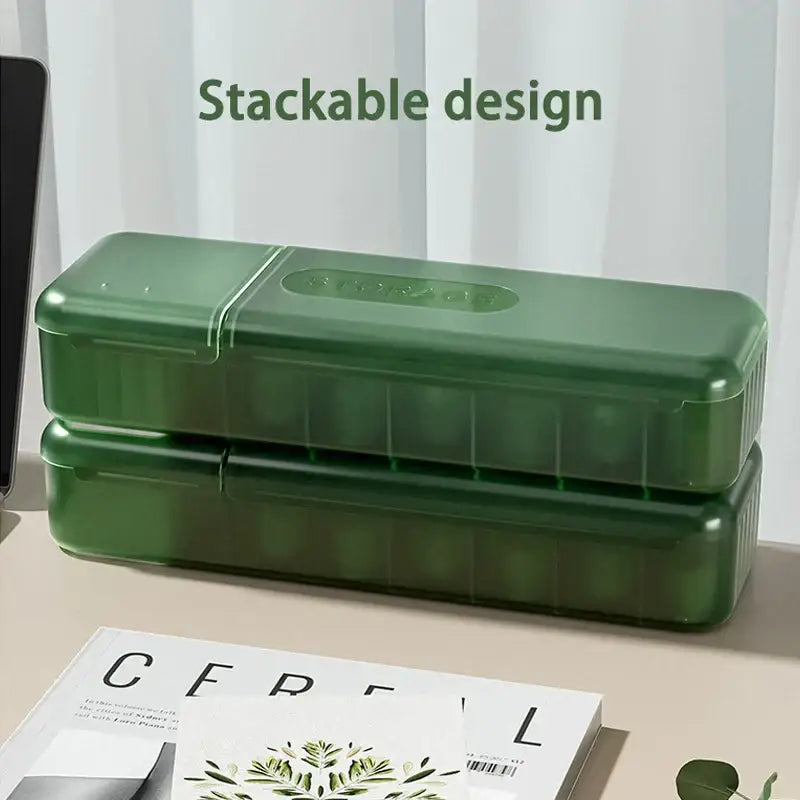 Stackable green plastic pill organizer with segmented compartments paired with modern clear gray decorbites cable box desk organizer