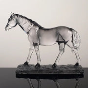Modern clear horse resin sculpture featuring a transparent glass horse with black accents on a dark base for decorbites clear horse decor