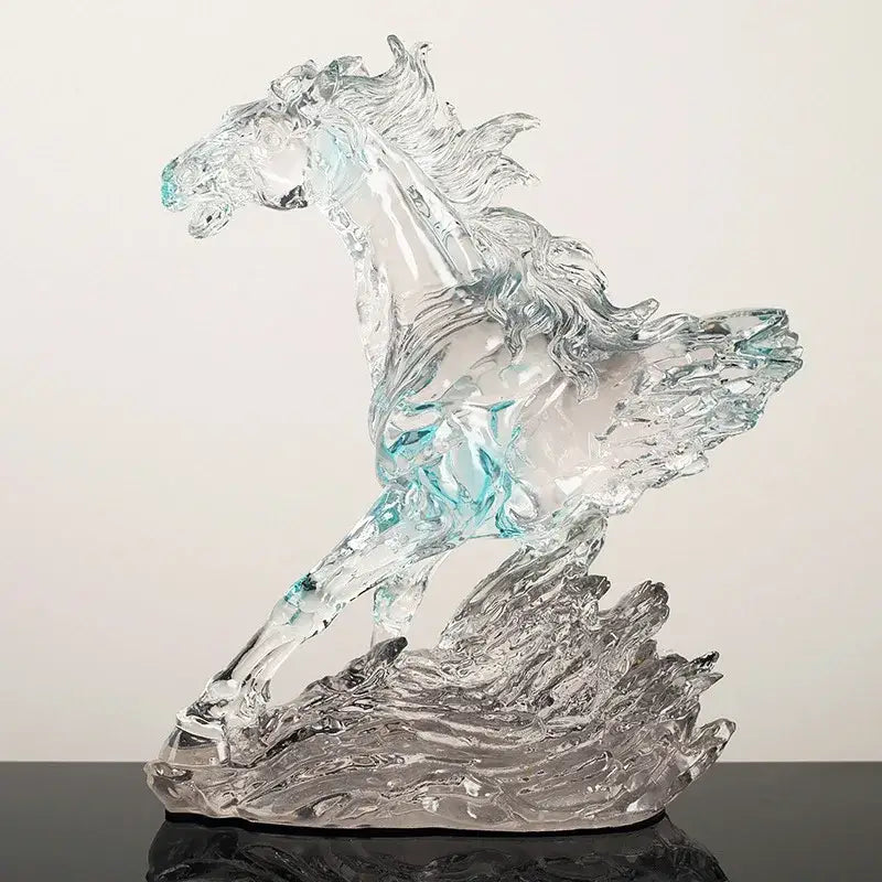 Modern clear horse resin sculpture in translucent blue with black accents for living room decor by decorbites clear horse