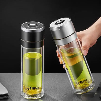 Modern clear insulated glass cup with black and silver lid featuring gianxi branding by decorbites insulated glass cup