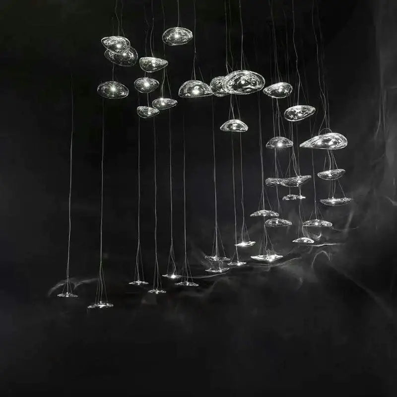 Modern clear patterned glass staircase pendant light with translucent shell-shaped glass pendants for dining room