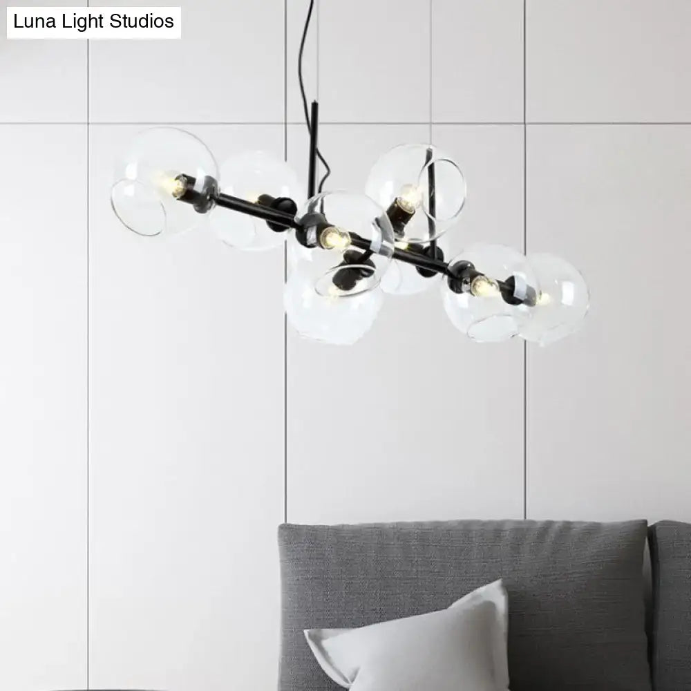 Modern black metal chandelier with clear smoke glass globe shades eight bulb lighting fixture for dining room